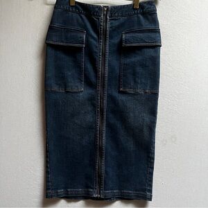Bora Aksu Dark Wash Denim Cargo Pencil Midi Skirt w/ Full-Length Zip Sz 28